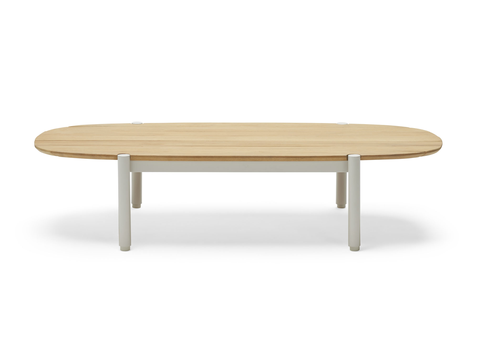 Front view of oval wood outdoor coffee table with white legs